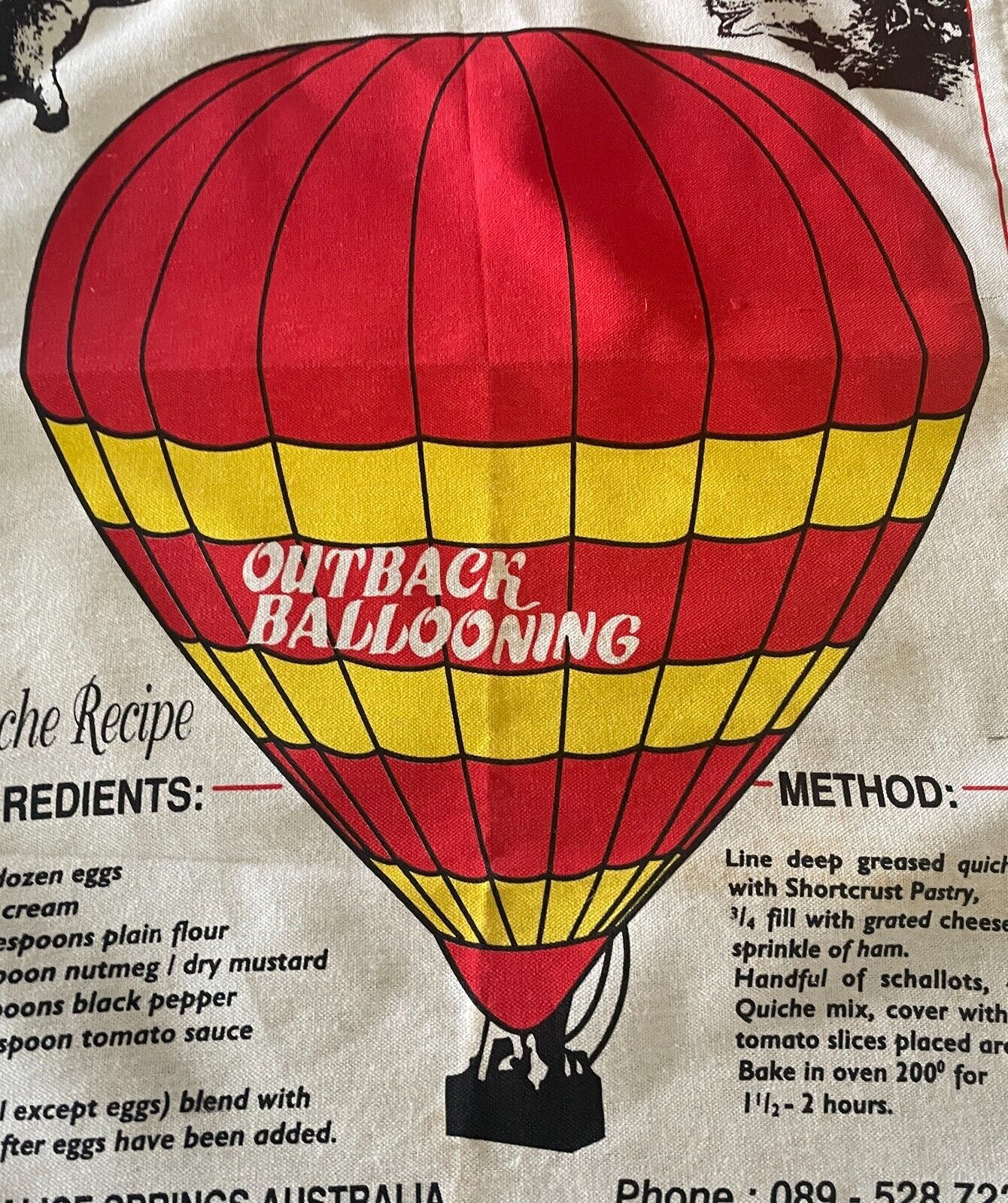 Vintage Tea Towel OUTBACK Ballooning Alice Springs NT + Quiche Recipe Aussie