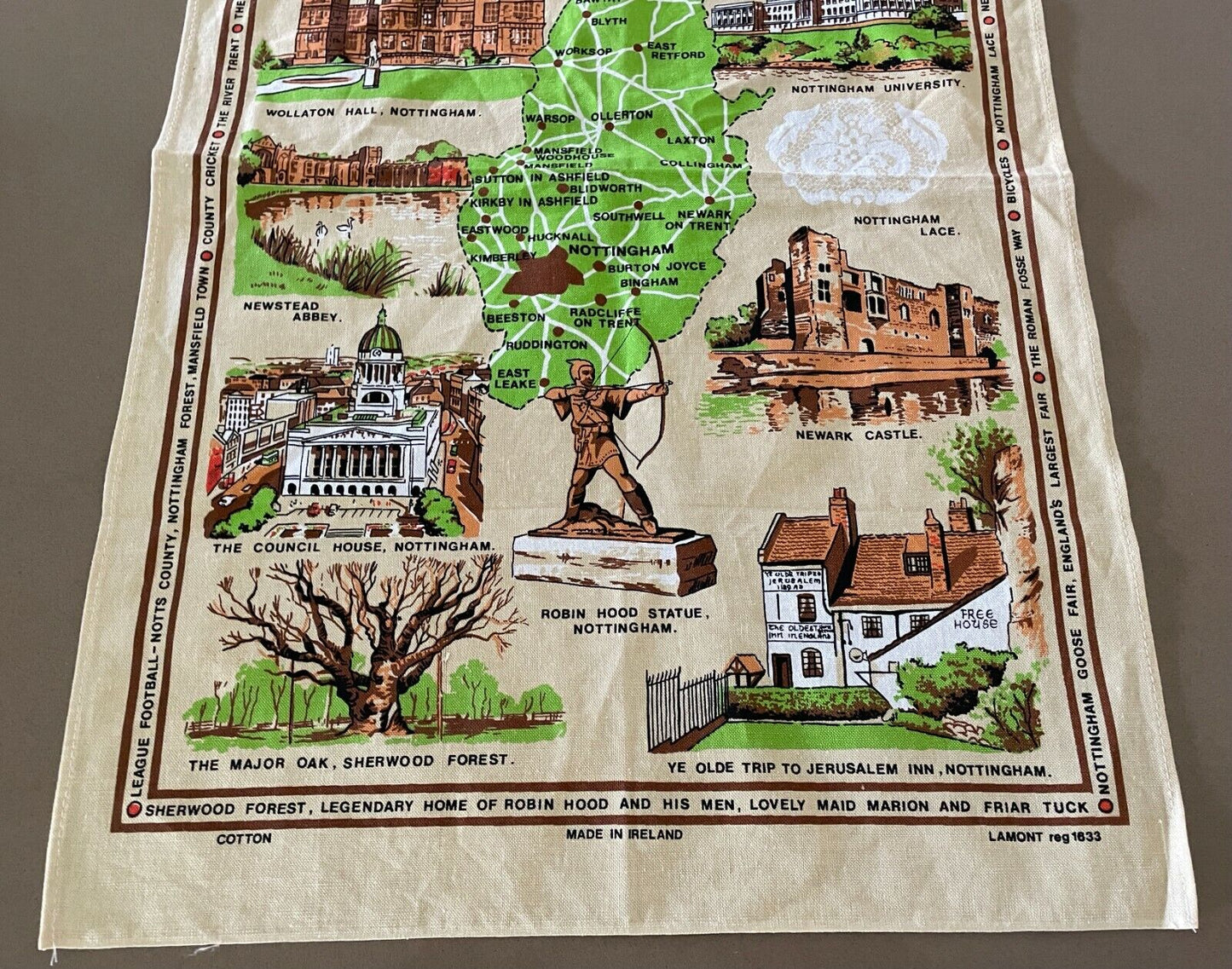 Vintage Tea Towel " Nottinghamshire UK " Print Souvenir Ireland Linen Cotton NEW