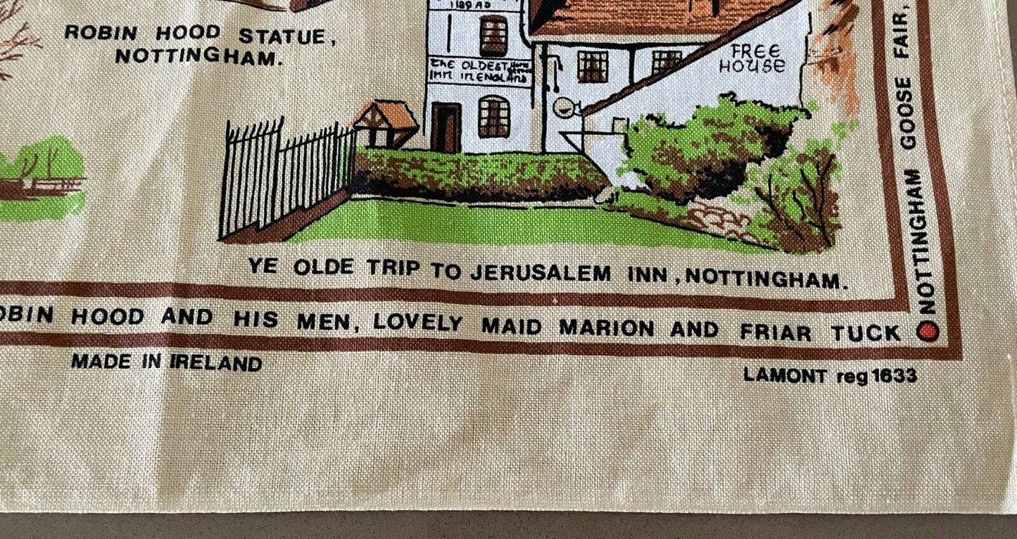 Vintage Tea Towel " Nottinghamshire UK " Print Souvenir Ireland Linen Cotton NEW