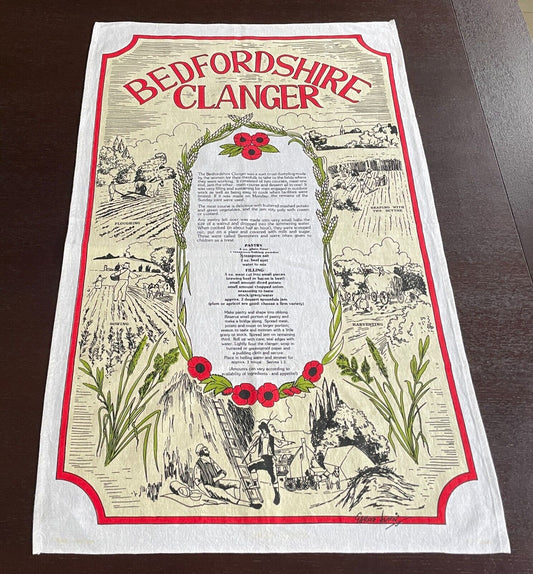 Vintage Cotton Tea Towel "Bedfordshire Clanger Recipe" & Scenery Print Souvenir
