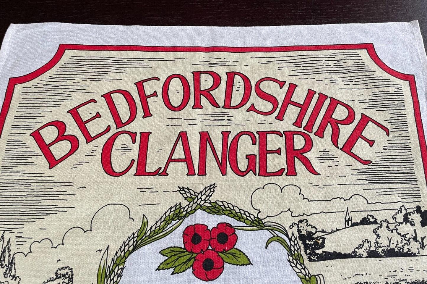 Vintage Cotton Tea Towel "Bedfordshire Clanger Recipe" & Scenery Print Souvenir