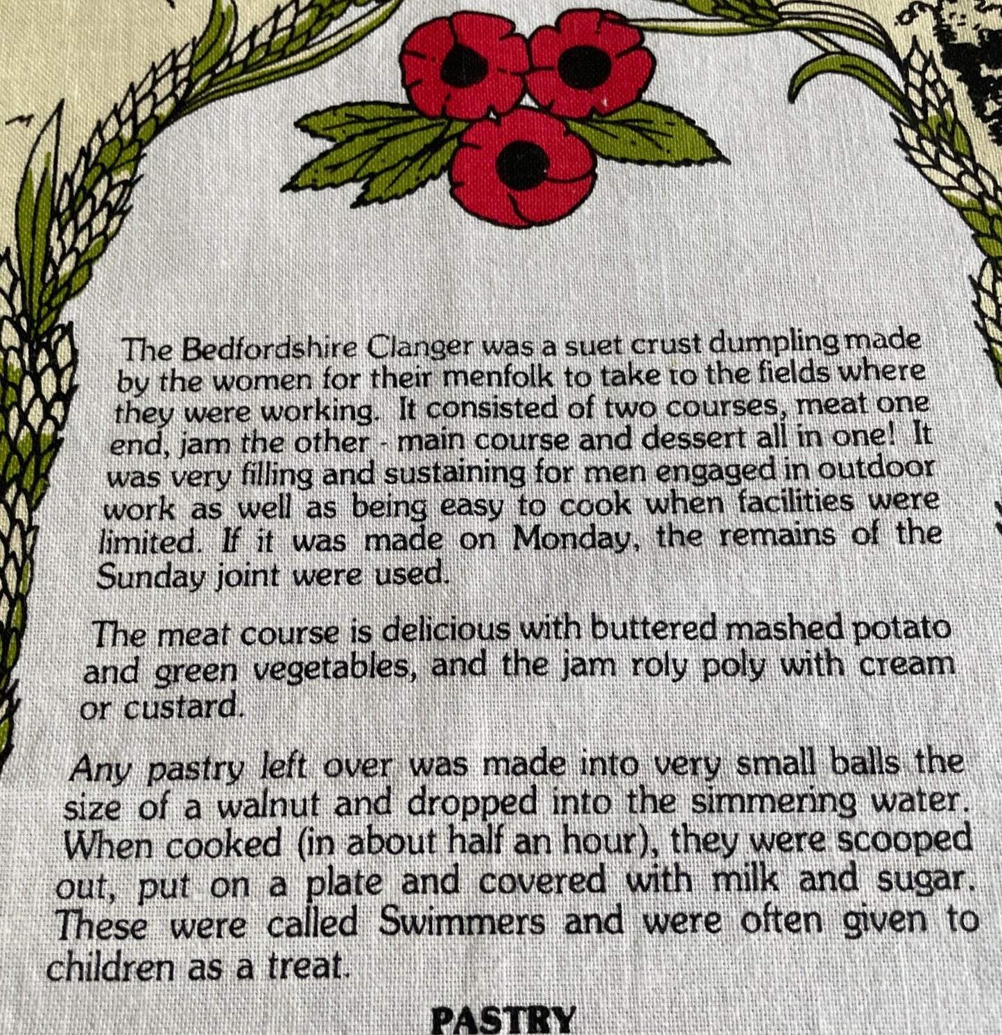 Vintage Cotton Tea Towel "Bedfordshire Clanger Recipe" & Scenery Print Souvenir