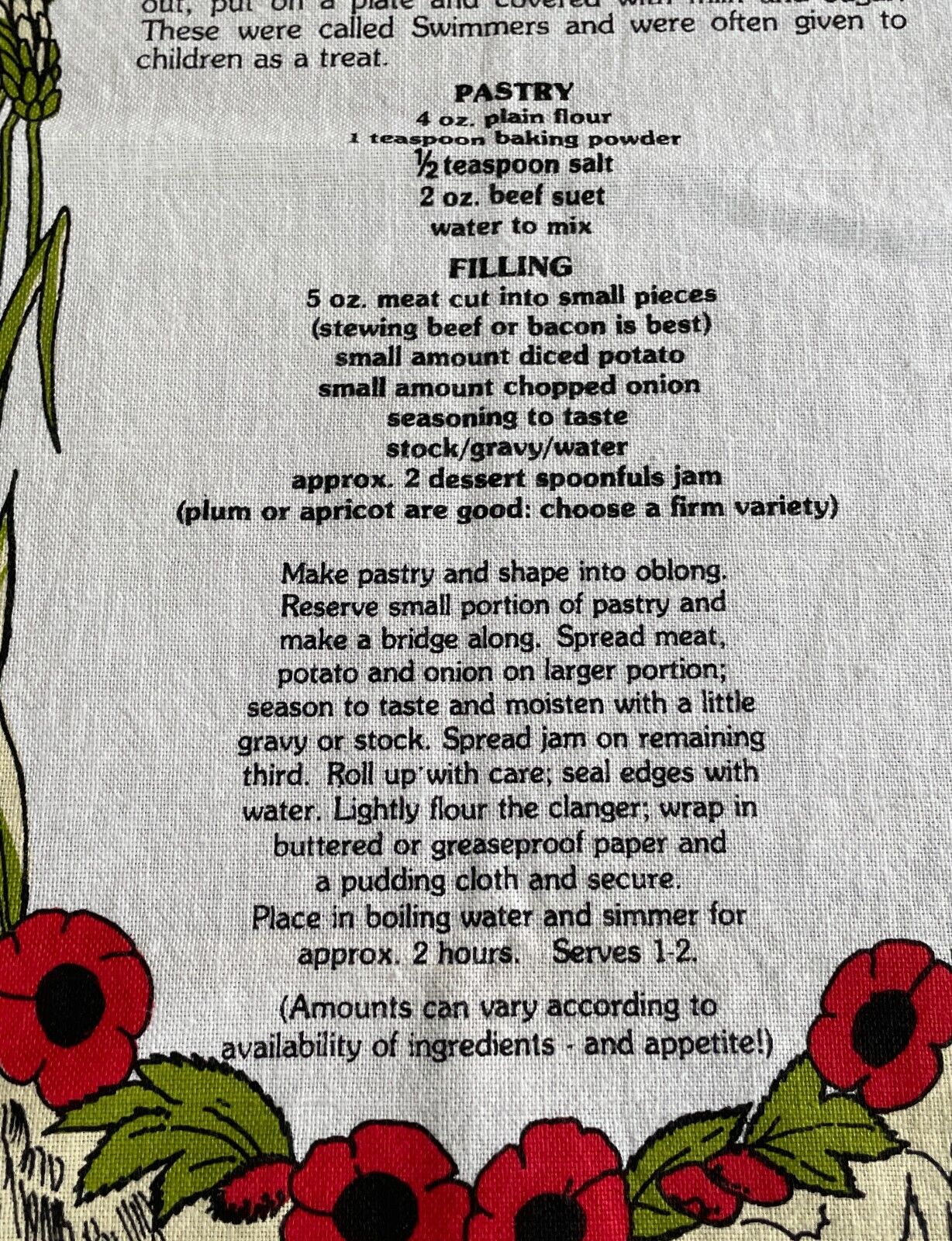 Vintage Cotton Tea Towel "Bedfordshire Clanger Recipe" & Scenery Print Souvenir