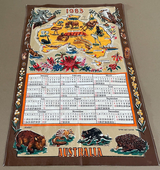 Vintage "1983" Tea Towel Australia Map Australian Animals Wildflower FLORA NEW