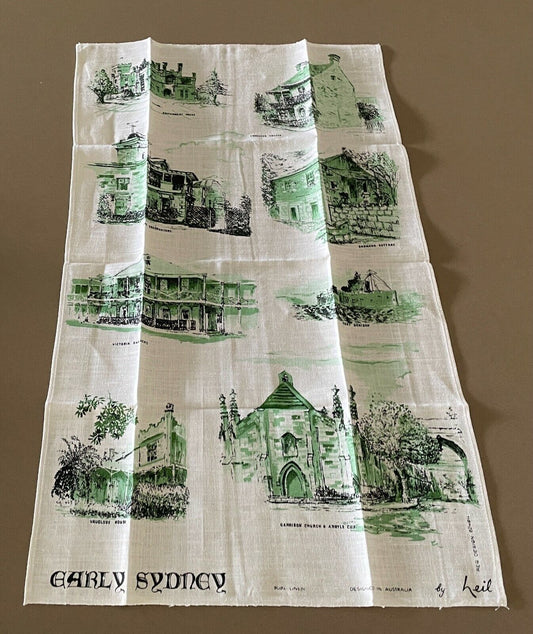 Vintage Linen Tea Towel EARLY SYDNEY Neil White Black Green Linen Souvenir NEW
