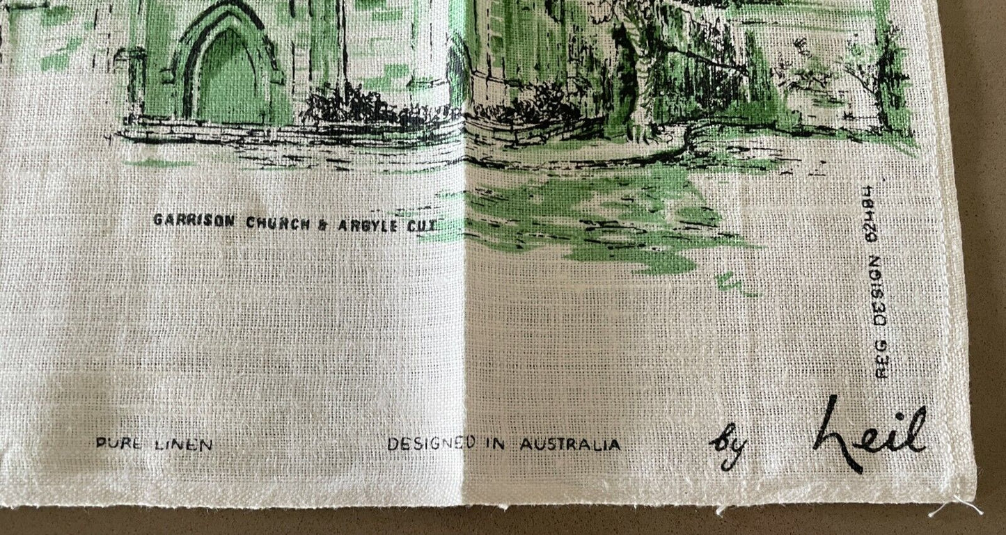 Vintage Linen Tea Towel EARLY SYDNEY Neil White Black Green Linen Souvenir NEW