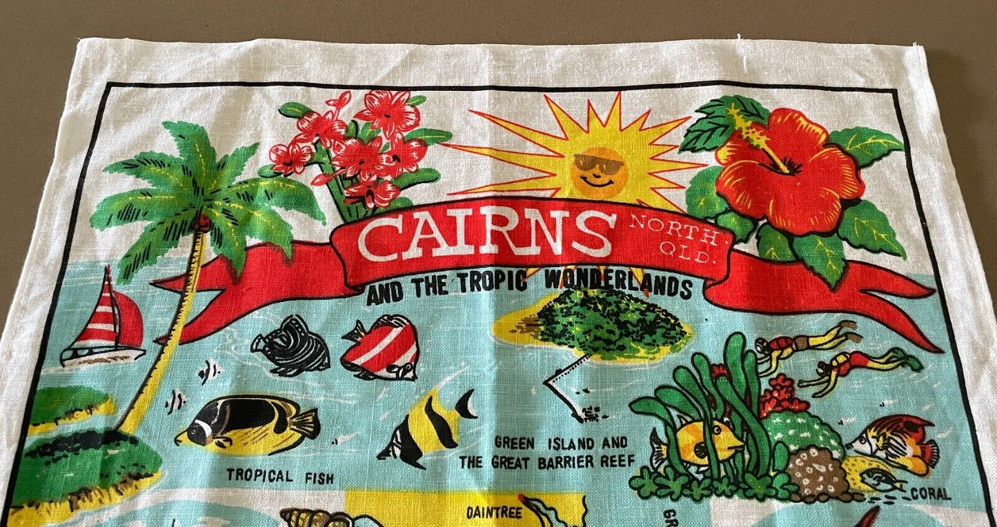 Vintage Tea Towel Cairns Tropic Wonderlands North Queensland Print Souvenir NEW