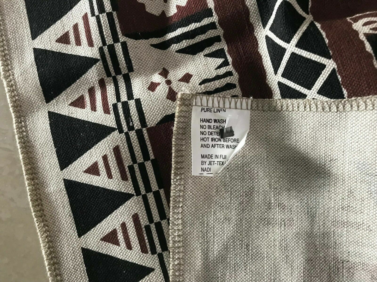 Jet-Tex Pure Linen Tea Towel TRIBAL FIJI  Beige Brown & Black Batik Print #2 NEW