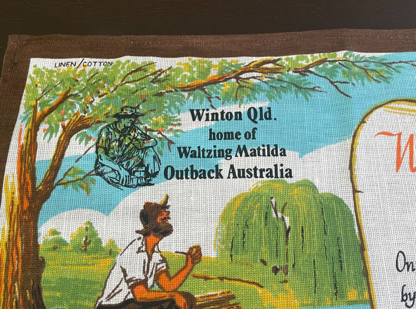 Tea Towel "Winton QLD " Waltzing Matilda Lyrics Linen Cotton Souvenir Neil lLeil