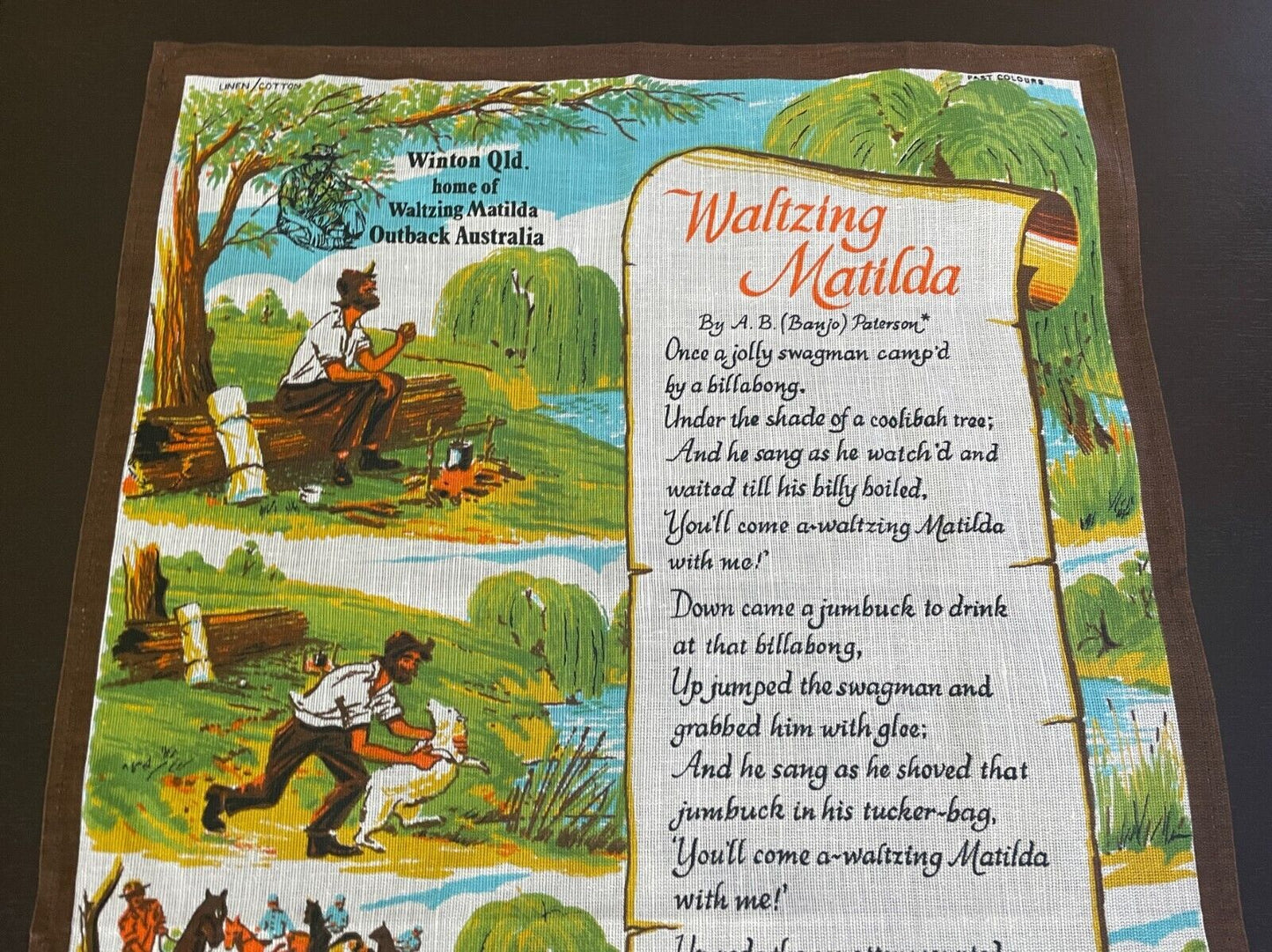 Tea Towel "Winton QLD " Waltzing Matilda Lyrics Linen Cotton Souvenir Neil lLeil