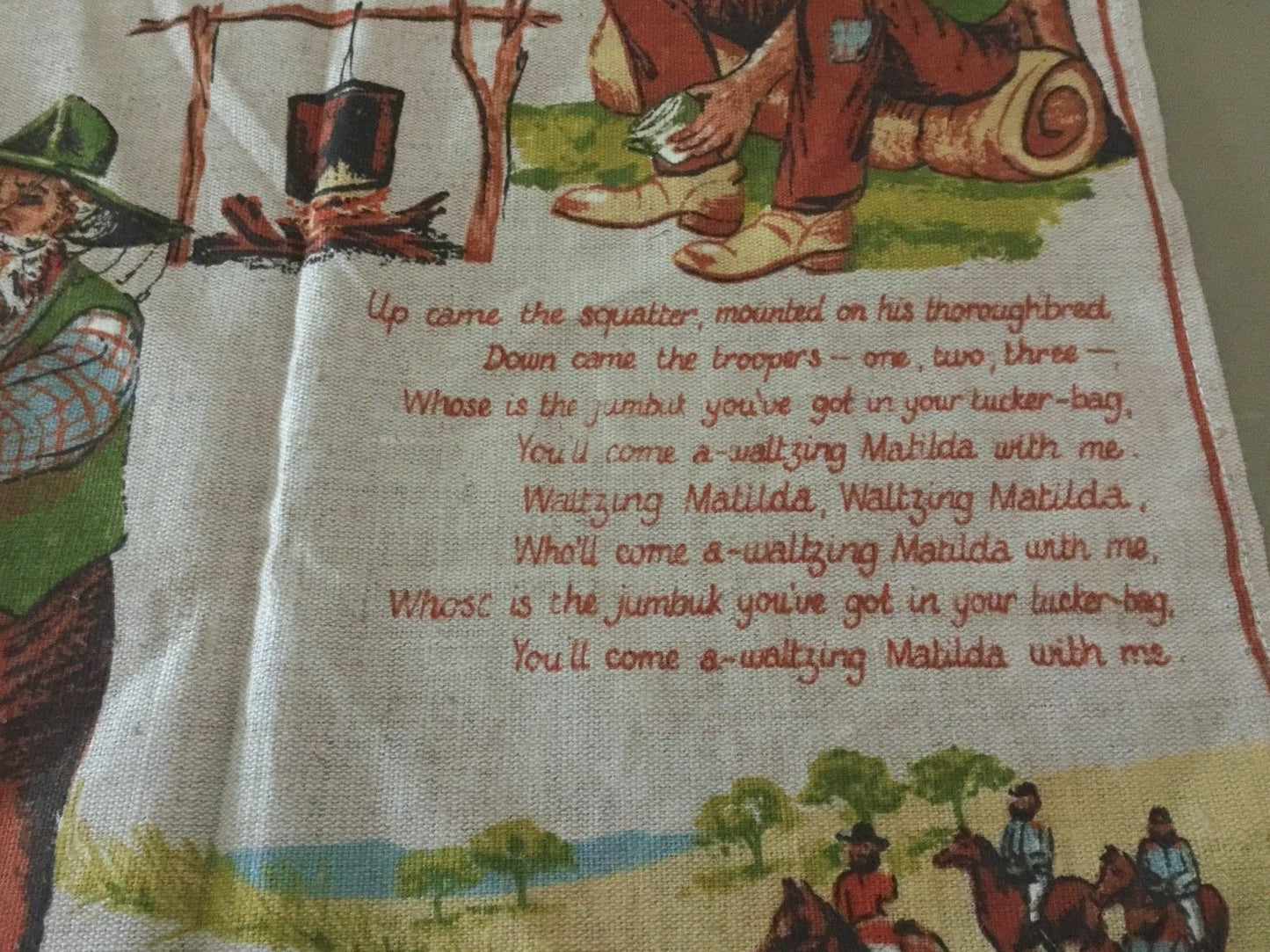 Vintage Linen Tea Towel CABOONBAH HOMESTEAD Waltzing Matilda Lyrics Souvenir