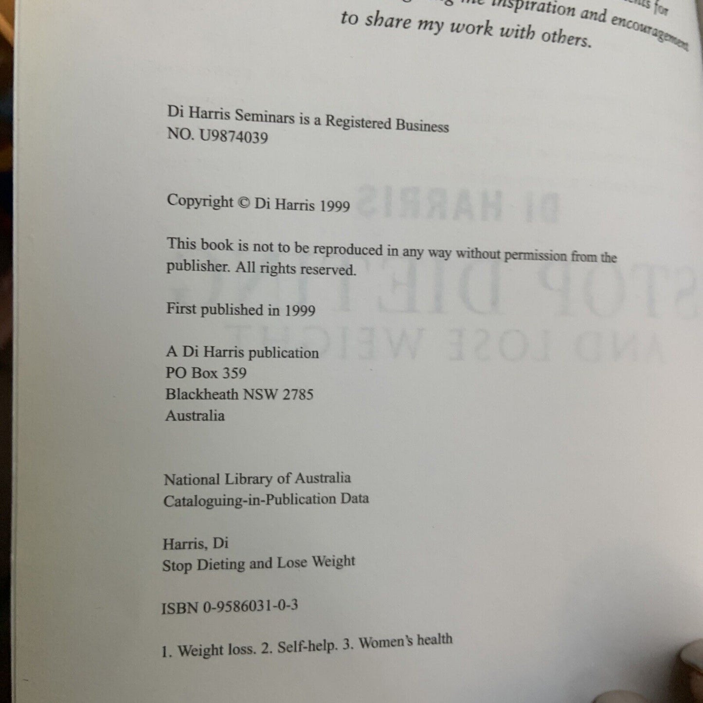 PB STOP DIETING AND LOSE WEIGHT Di Harris 1999 Self Help Well Being Health