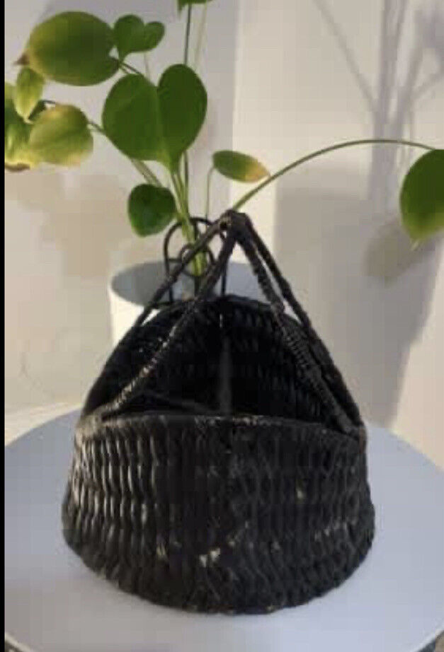 Vintage 22cm Cutlery Basket Handwoven Black Brown Hyacinth 4 Sections A153