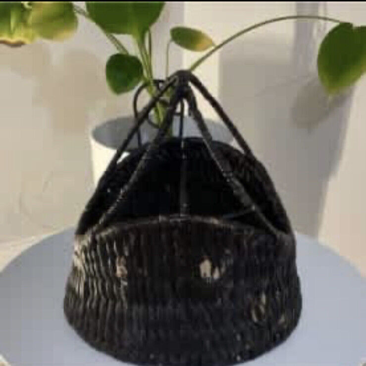 Vintage 22cm Cutlery Basket Handwoven Black Brown Hyacinth 4 Sections A153