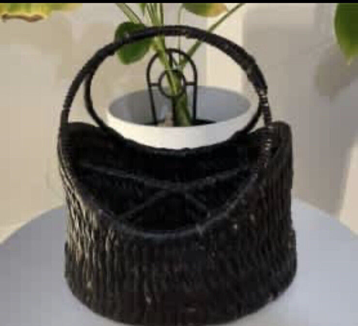 Vintage 22cm Cutlery Basket Handwoven Black Brown Hyacinth 4 Sections A153