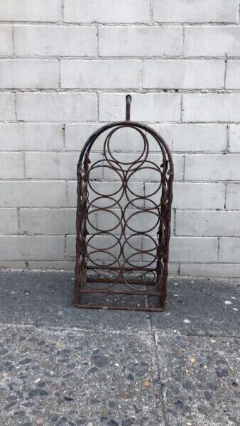 WINE RACK 1980's Black Wrought Iron 9 bottles WineRack Handle Floor Bench MobIle