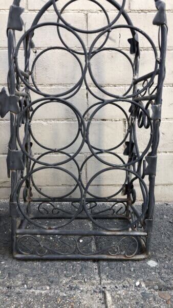 WINE RACK 1980's Black Wrought Iron 9 bottles WineRack Handle Floor Bench MobIle
