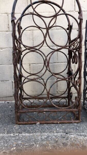 WINE RACK 1980's Black Wrought Iron 9 bottles WineRack Handle Floor Bench MobIle
