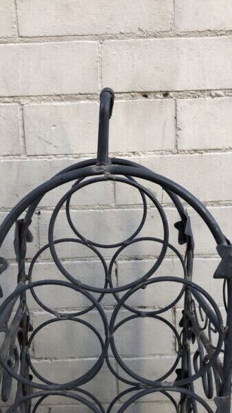 WINE RACK 1980's Black Wrought Iron 9 bottles WineRack Handle Floor Bench MobIle