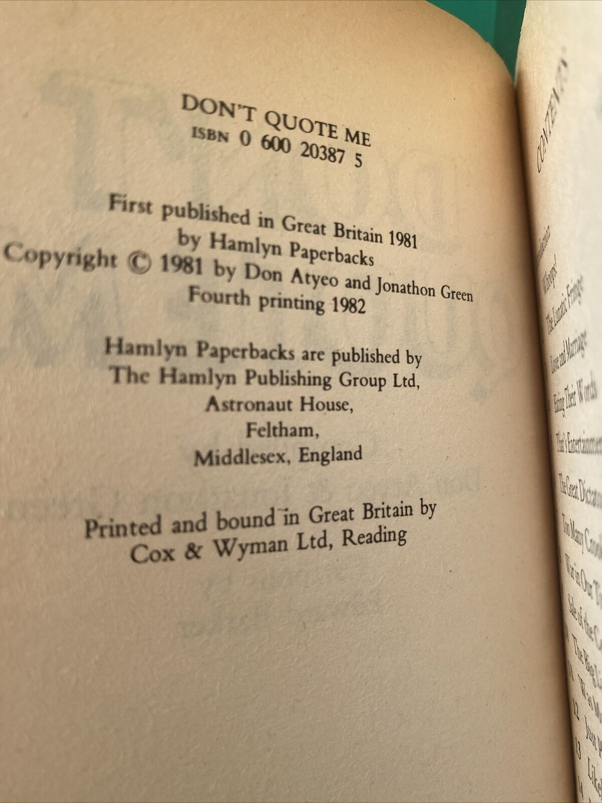 PB Book DON'T QUOTE ME By Don Atyeo & Jonathon Green True Stories Small 1982 UK