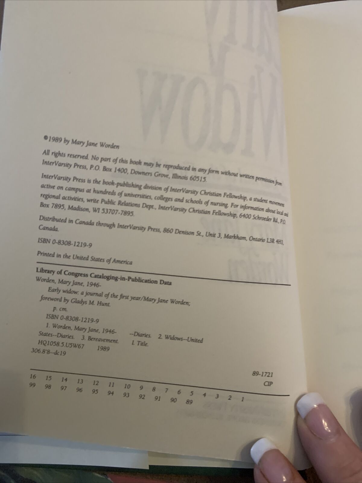 HC Book EARLY WIDOW A Journal of the First Year by Mary Jane Worden DJ 1989 Book