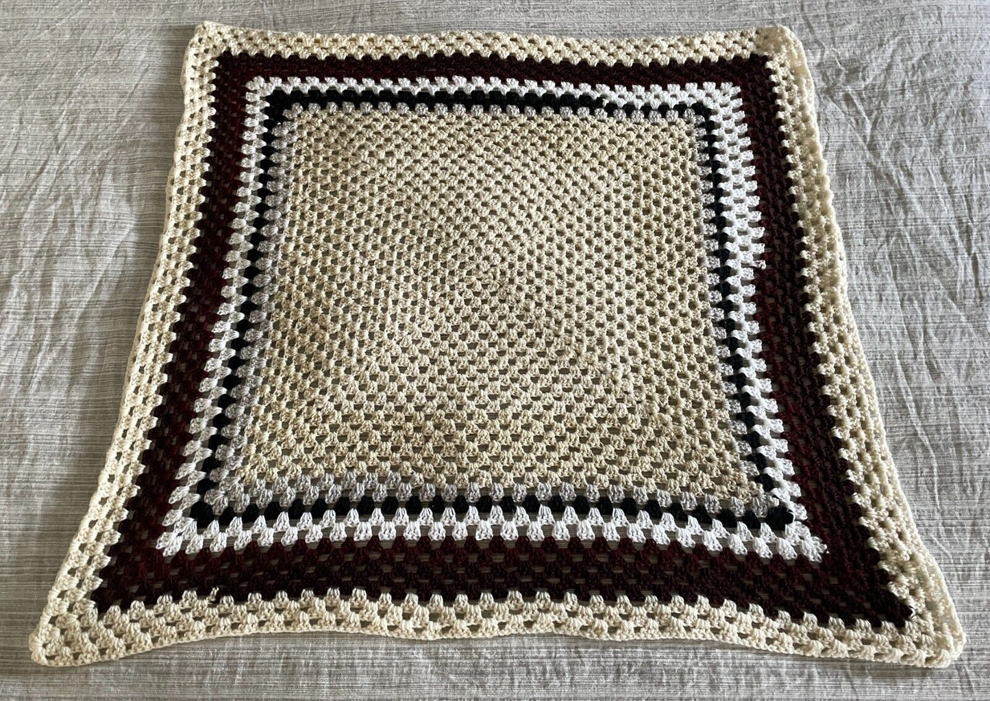 Granny Crochet Blanket Knit Cream Grey Black White Brown Border 88 x 98cm Afghan