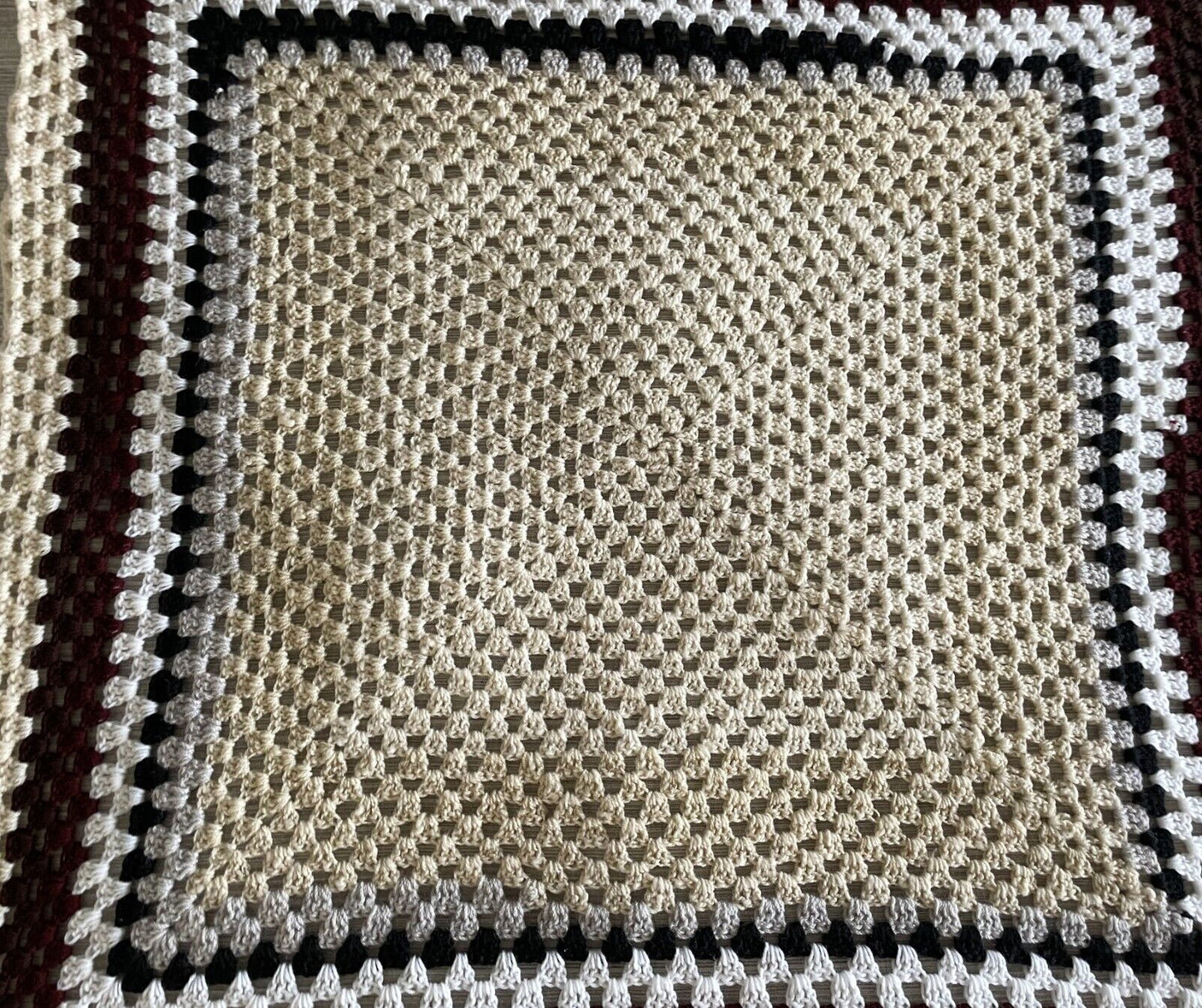 Granny Crochet Blanket Knit Cream Grey Black White Brown Border 88 x 98cm Afghan
