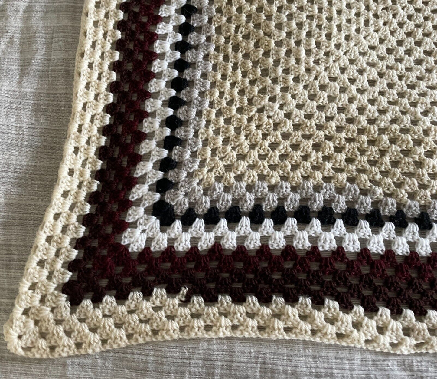 Granny Crochet Blanket Knit Cream Grey Black White Brown Border 88 x 98cm Afghan