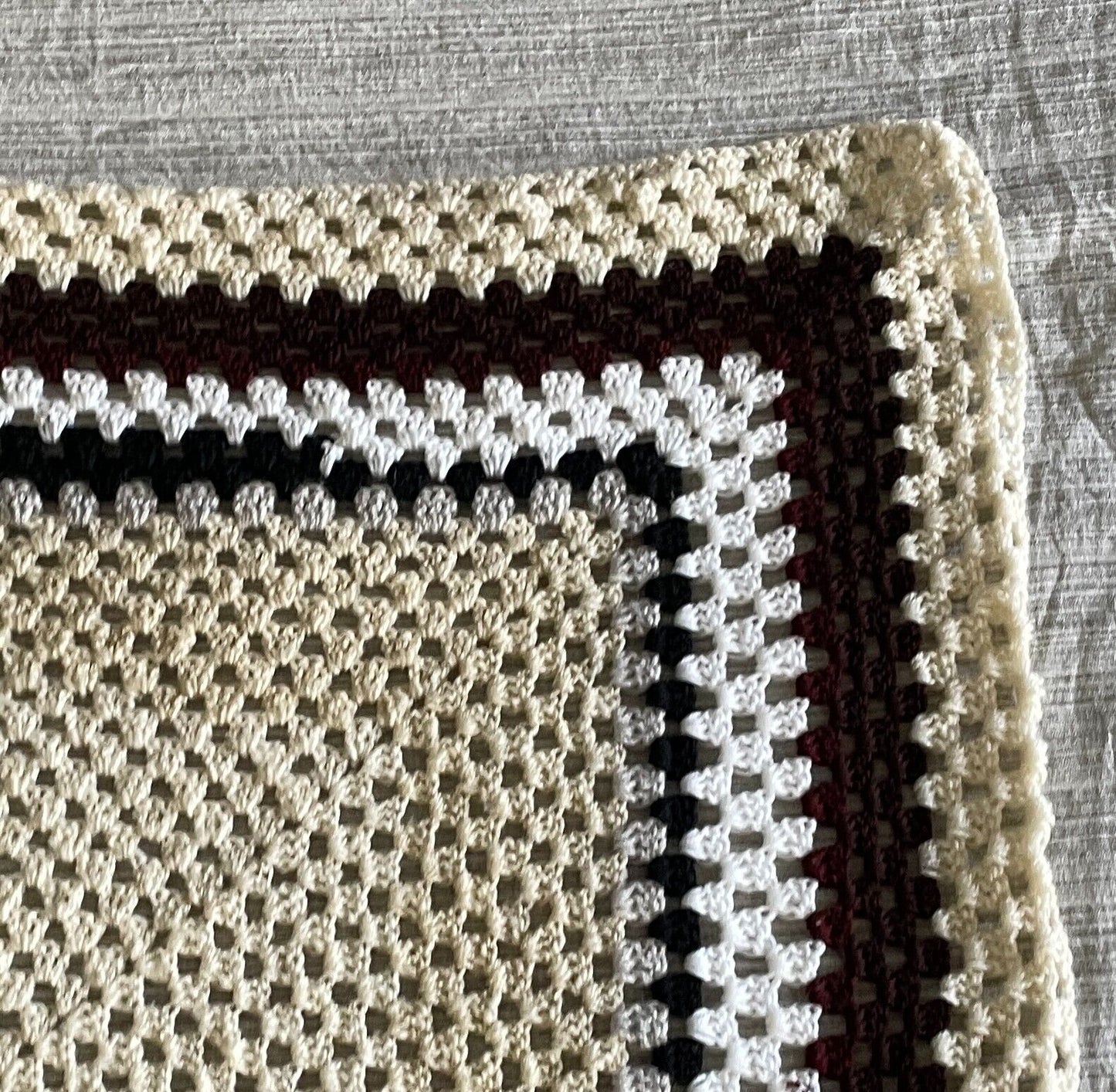 Granny Crochet Blanket Knit Cream Grey Black White Brown Border 88 x 98cm Afghan