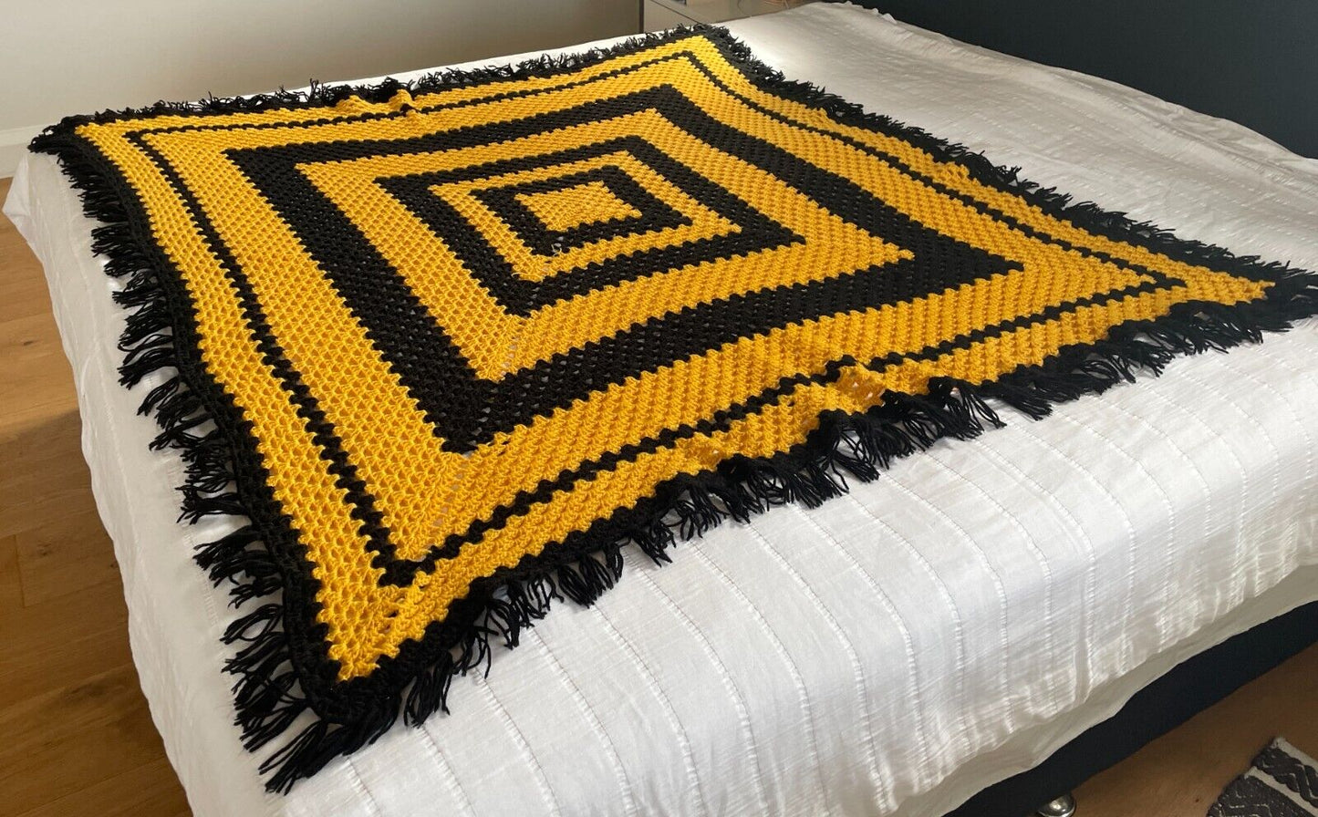 Granny Crochet Knit Blanket 189 x 184cm Black & Yellow Hand Made Fringe Square
