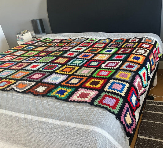 CROCHET BLANKET Granny 96 Squares Colourful Afghan Knit Bed Throw 223 x 148cm