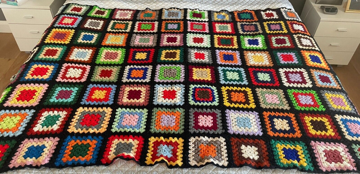CROCHET BLANKET Granny 96 Squares Colourful Afghan Knit Bed Throw 223 x 148cm