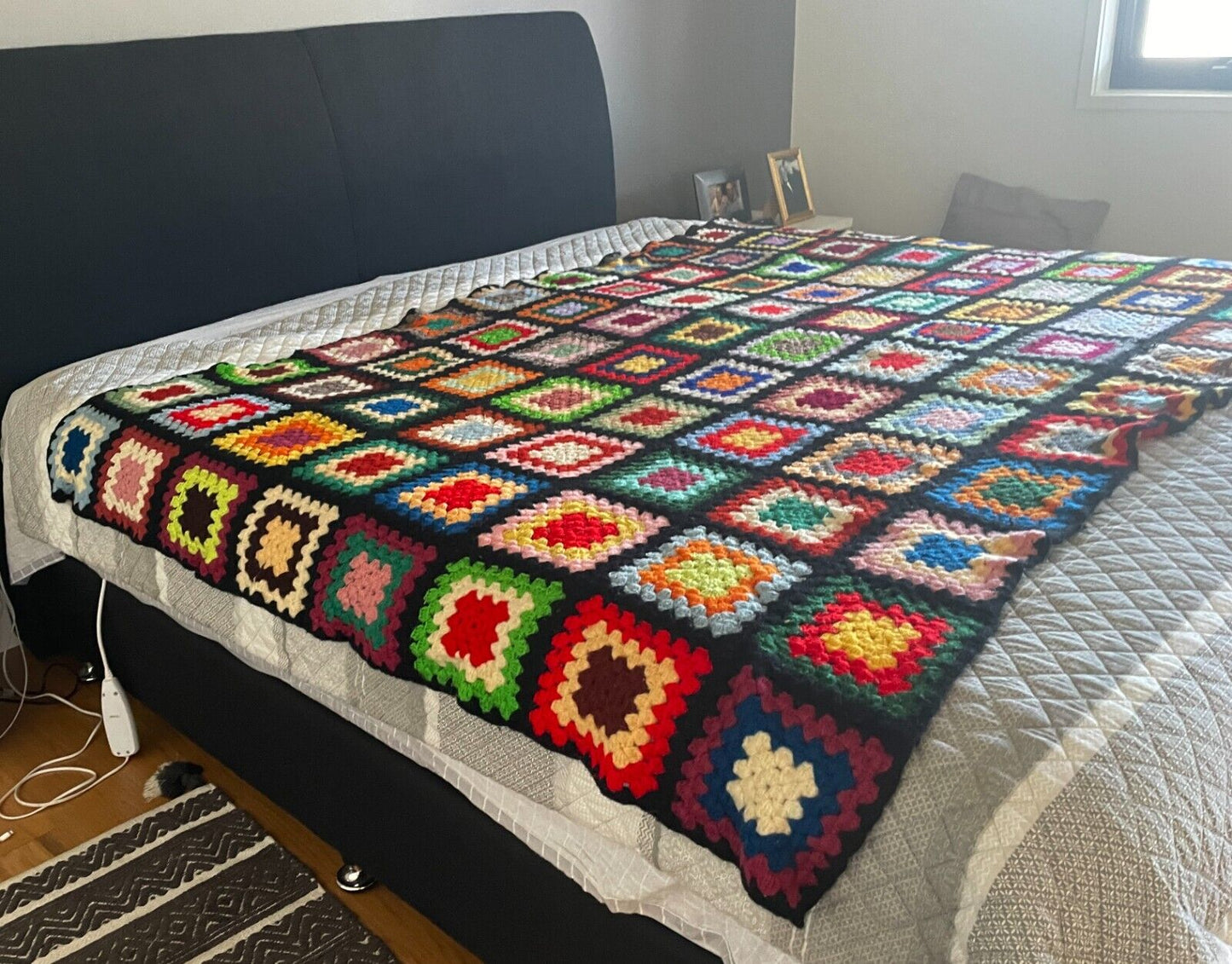 CROCHET BLANKET Granny 96 Squares Colourful Afghan Knit Bed Throw 223 x 148cm