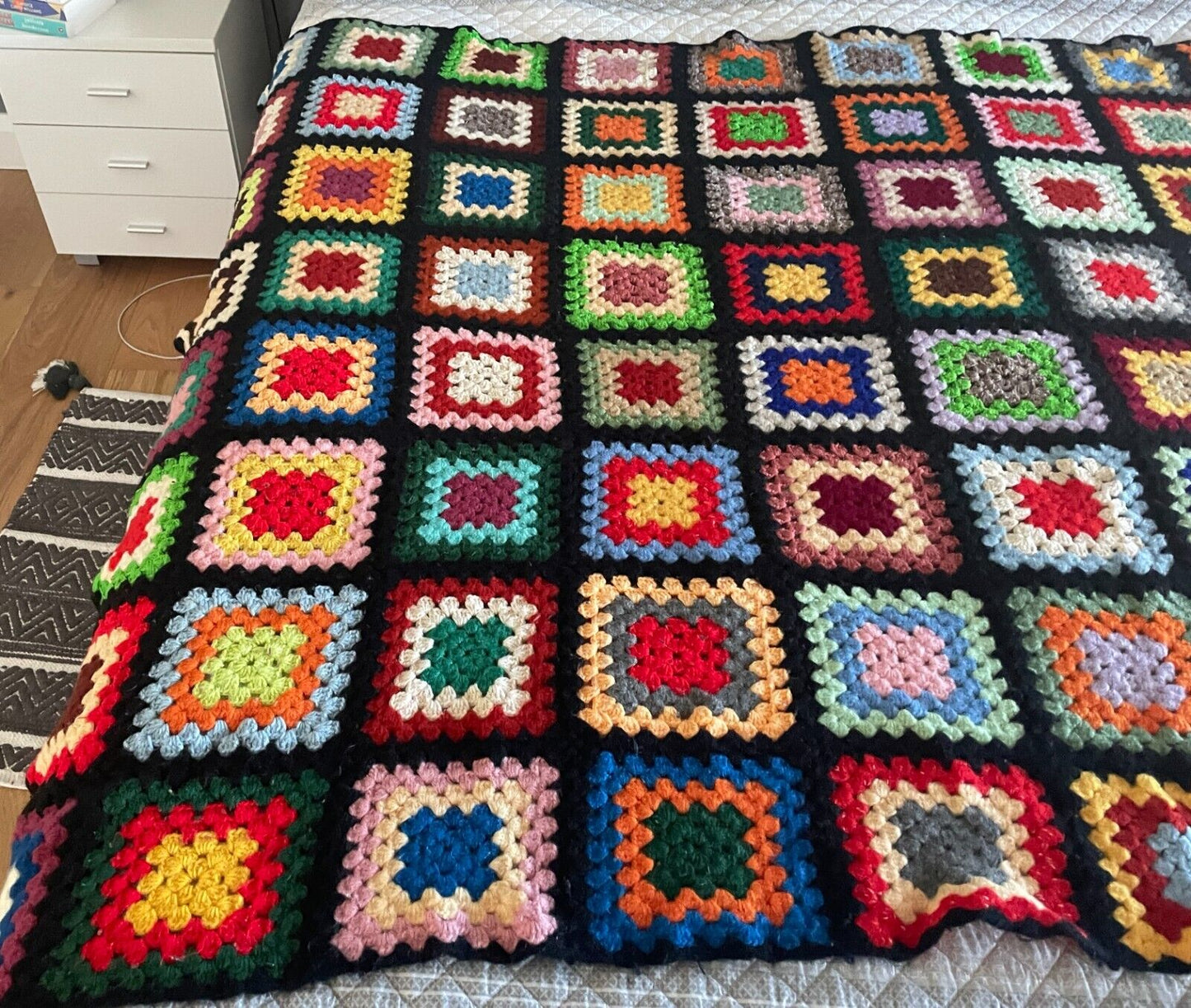 CROCHET BLANKET Granny 96 Squares Colourful Afghan Knit Bed Throw 223 x 148cm