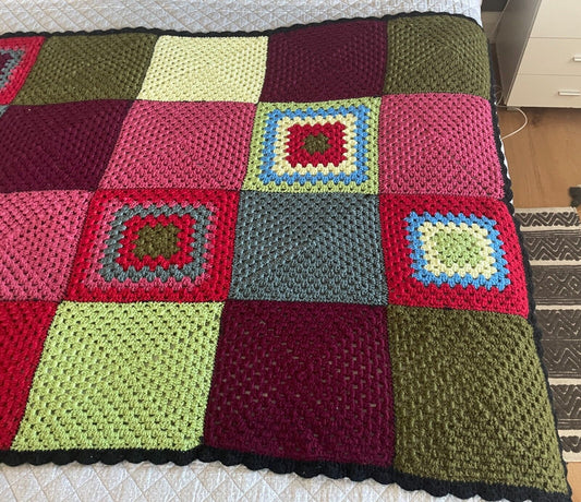 Granny Square Crochet Knit Blanket Colourful Handmade Afghan Spread 200 x 116cm