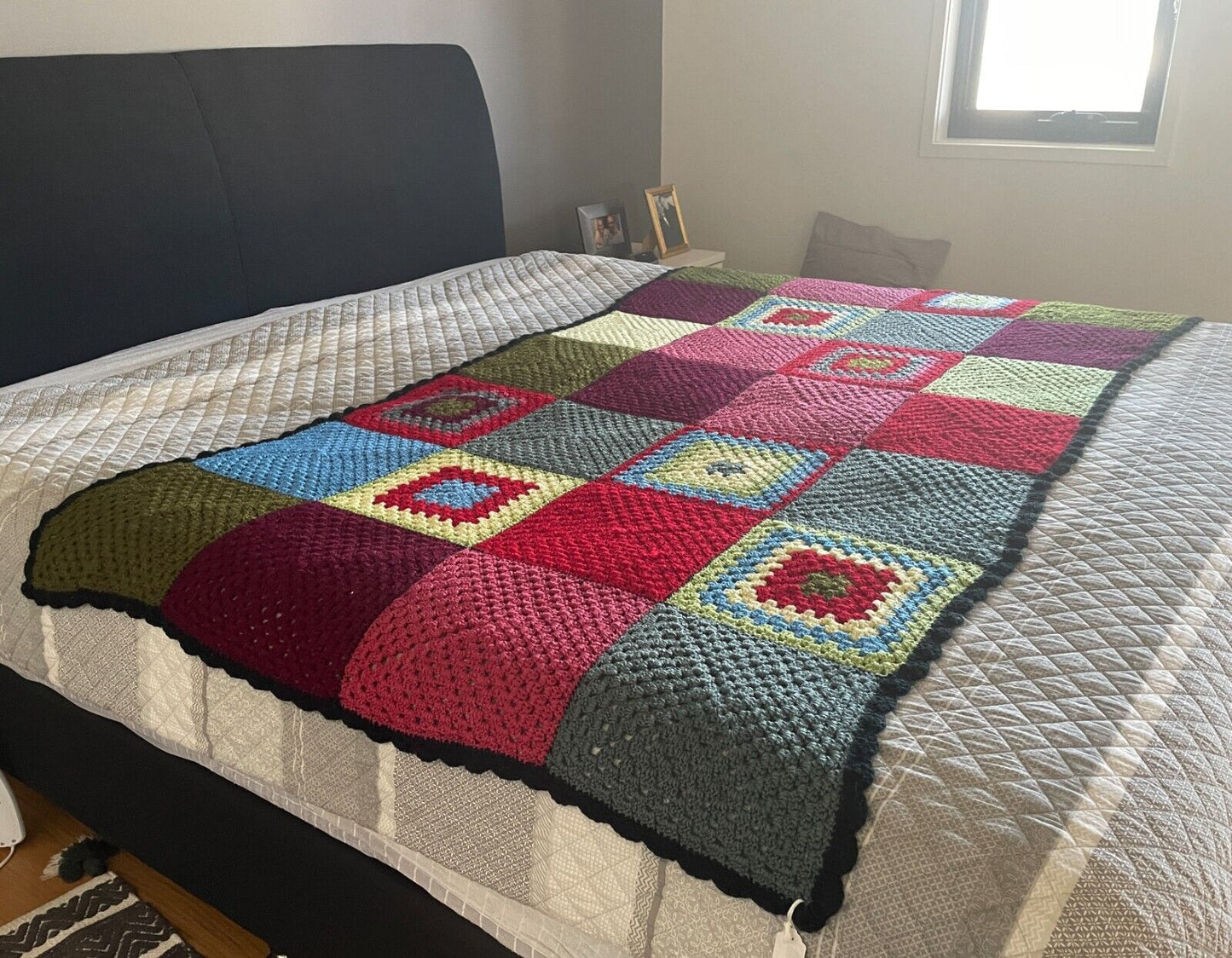 Granny Square Crochet Knit Blanket Colourful Handmade Afghan Spread 200 x 116cm