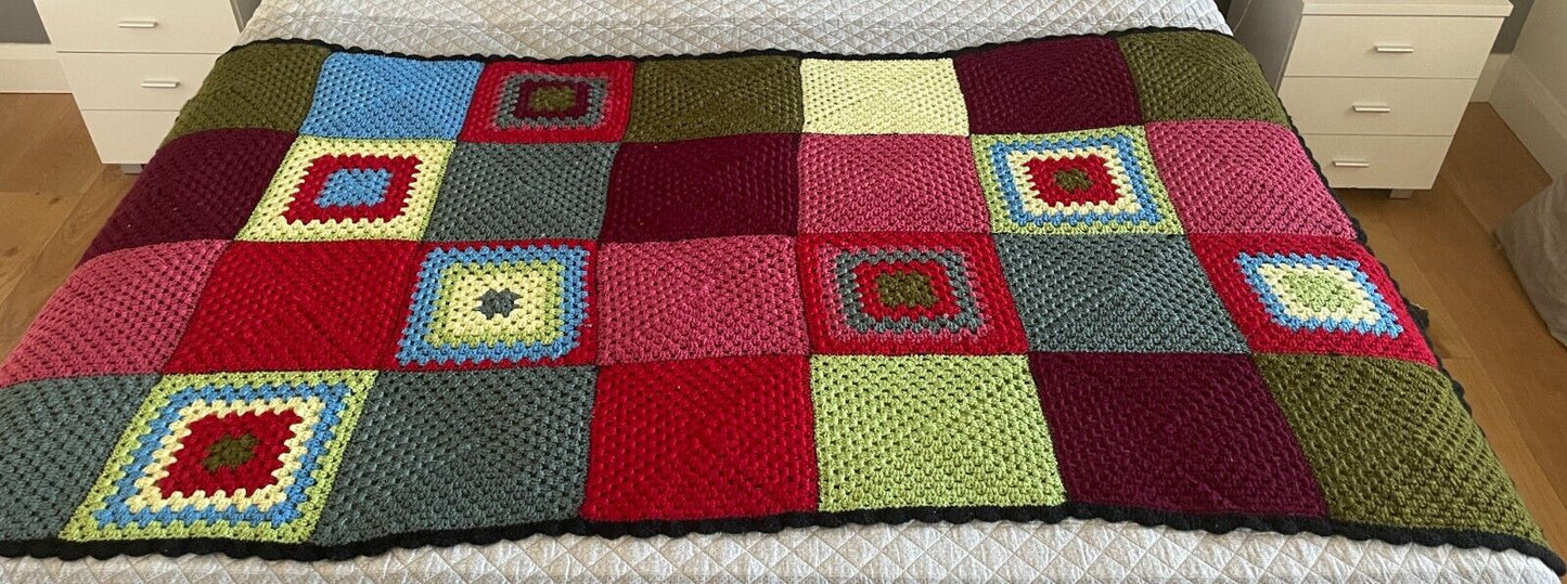 Granny Square Crochet Knit Blanket Colourful Handmade Afghan Spread 200 x 116cm