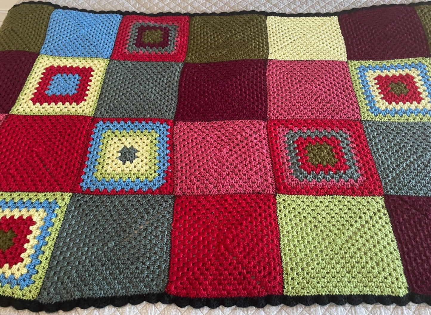 Granny Square Crochet Knit Blanket Colourful Handmade Afghan Spread 200 x 116cm