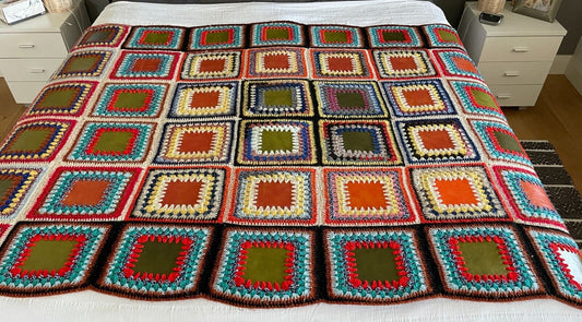 Granny Crochet & VINYL Centre SQUARE Blanket Colourful Handmade Knit 251 x 163cm