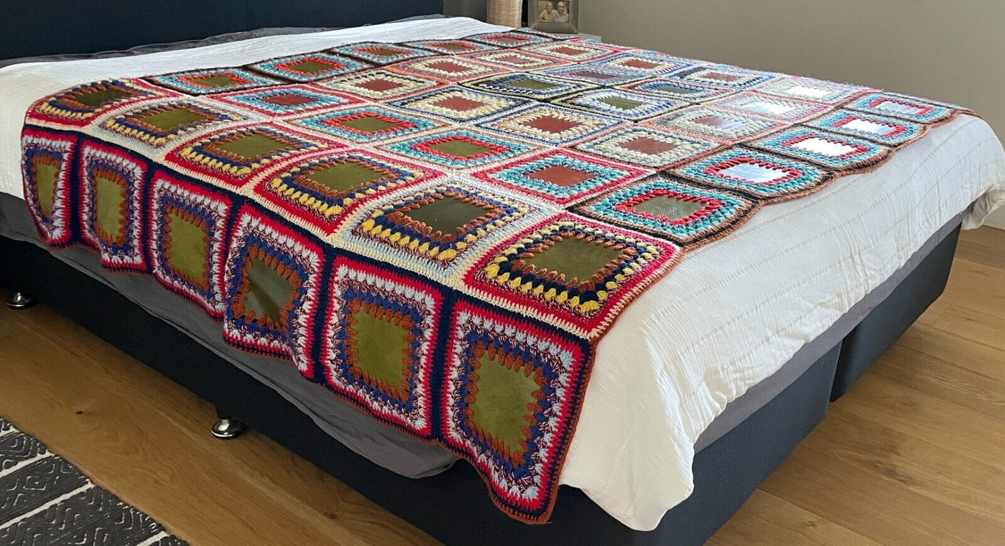 Granny Crochet & VINYL Centre SQUARE Blanket Colourful Handmade Knit 251 x 163cm