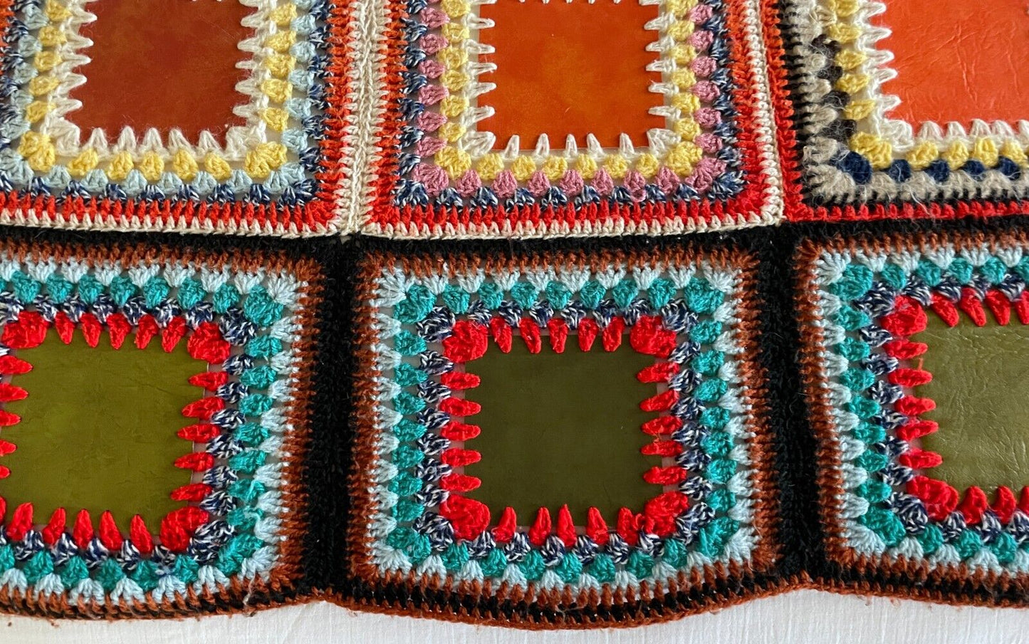 Granny Crochet & VINYL Centre SQUARE Blanket Colourful Handmade Knit 251 x 163cm