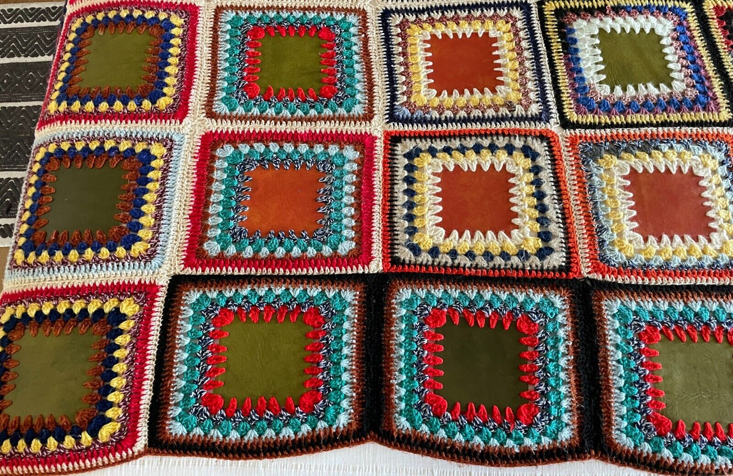 Granny Crochet & VINYL Centre SQUARE Blanket Colourful Handmade Knit 251 x 163cm