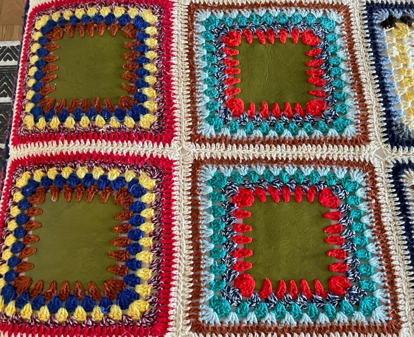 Granny Crochet & VINYL Centre SQUARE Blanket Colourful Handmade Knit 251 x 163cm