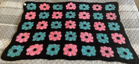 Handmade Granny Square Blanket Pink & Blue Knit Lap Rug Black Trim 129.5 x 87cm