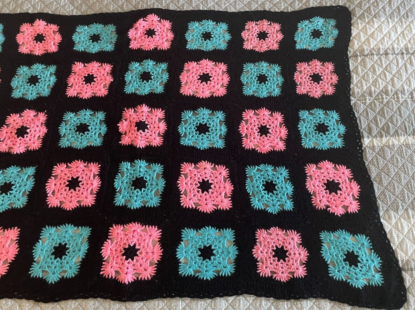 Handmade Granny Square Blanket Pink & Blue Knit Lap Rug Black Trim 129.5 x 87cm
