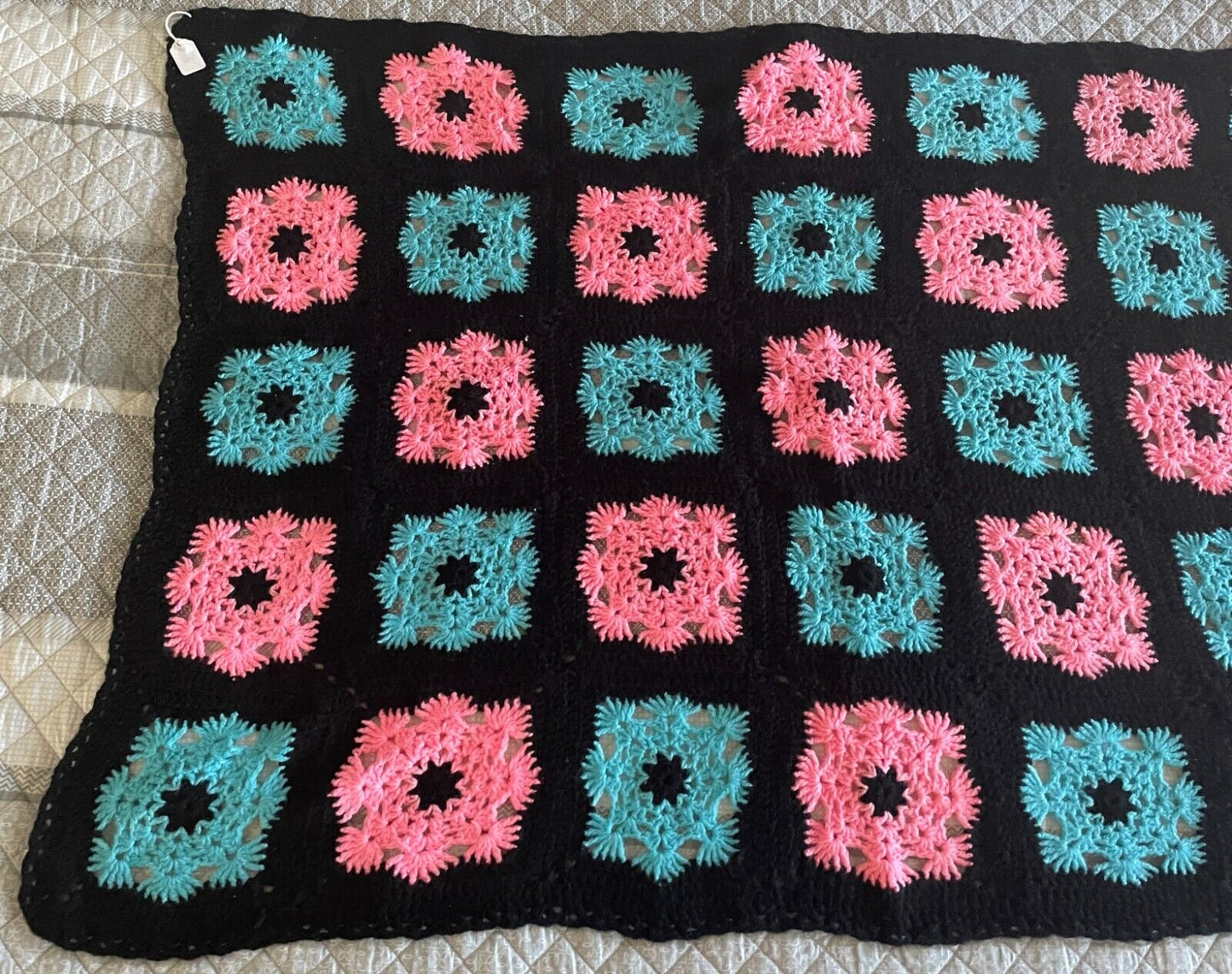 Handmade Granny Square Blanket Pink & Blue Knit Lap Rug Black Trim 129.5 x 87cm