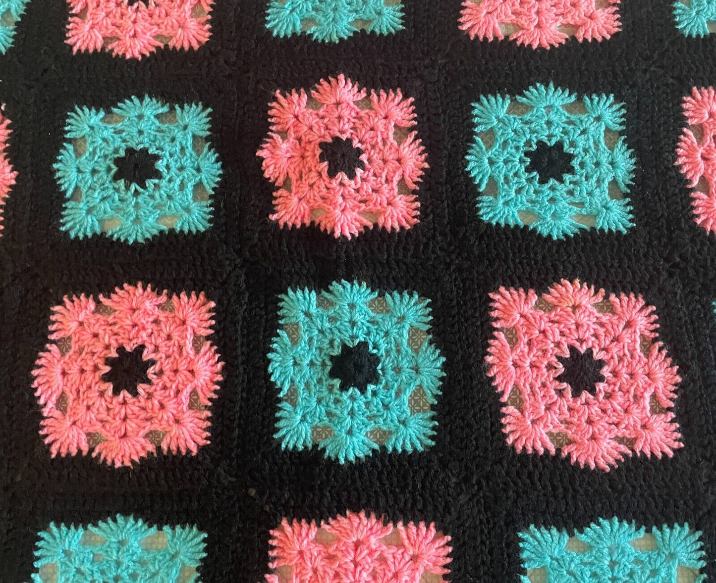 Handmade Granny Square Blanket Pink & Blue Knit Lap Rug Black Trim 129.5 x 87cm