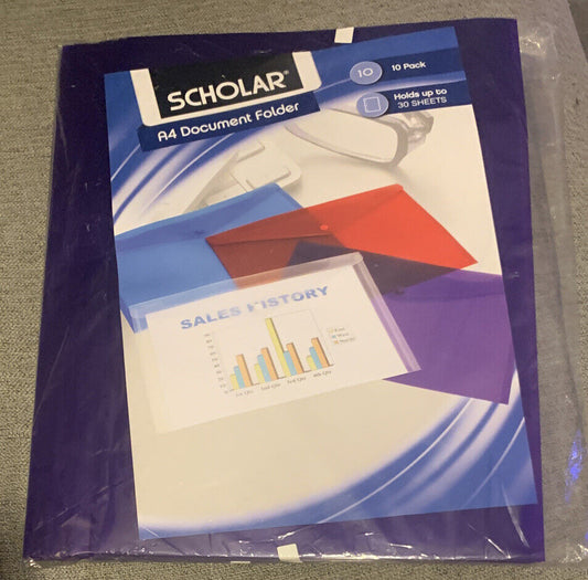 10pcs SCHOLAR Document Holder Transparent Purple Plastic A4 Folder File Bag NEW
