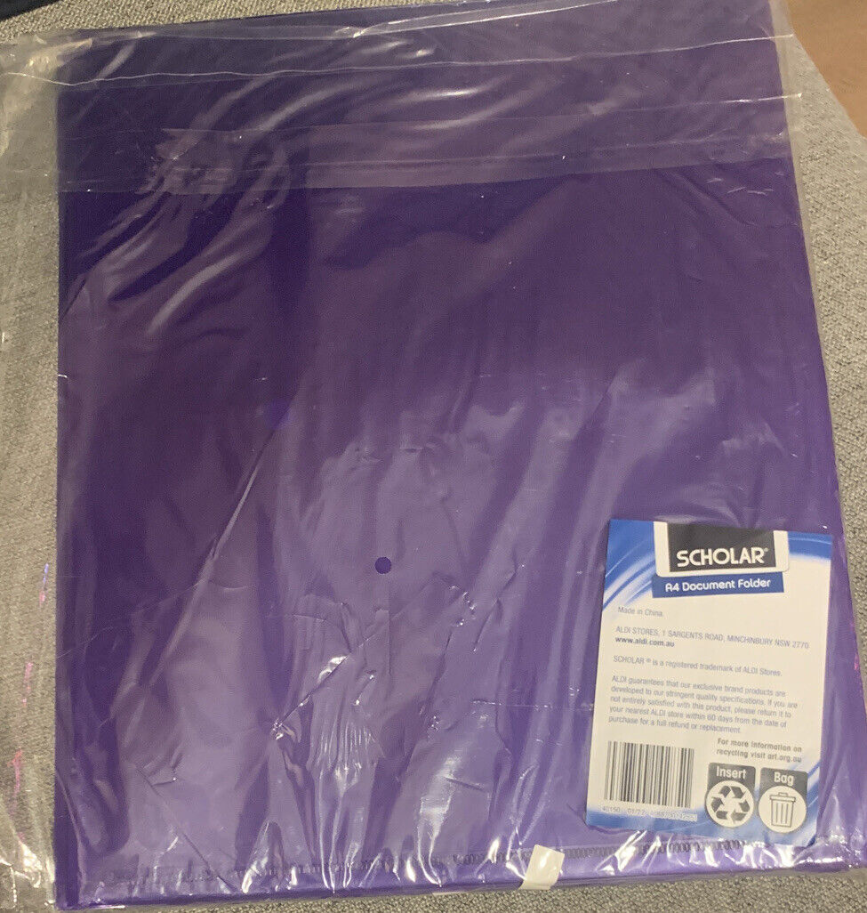 10pcs SCHOLAR Document Holder Transparent Purple Plastic A4 Folder File Bag NEW