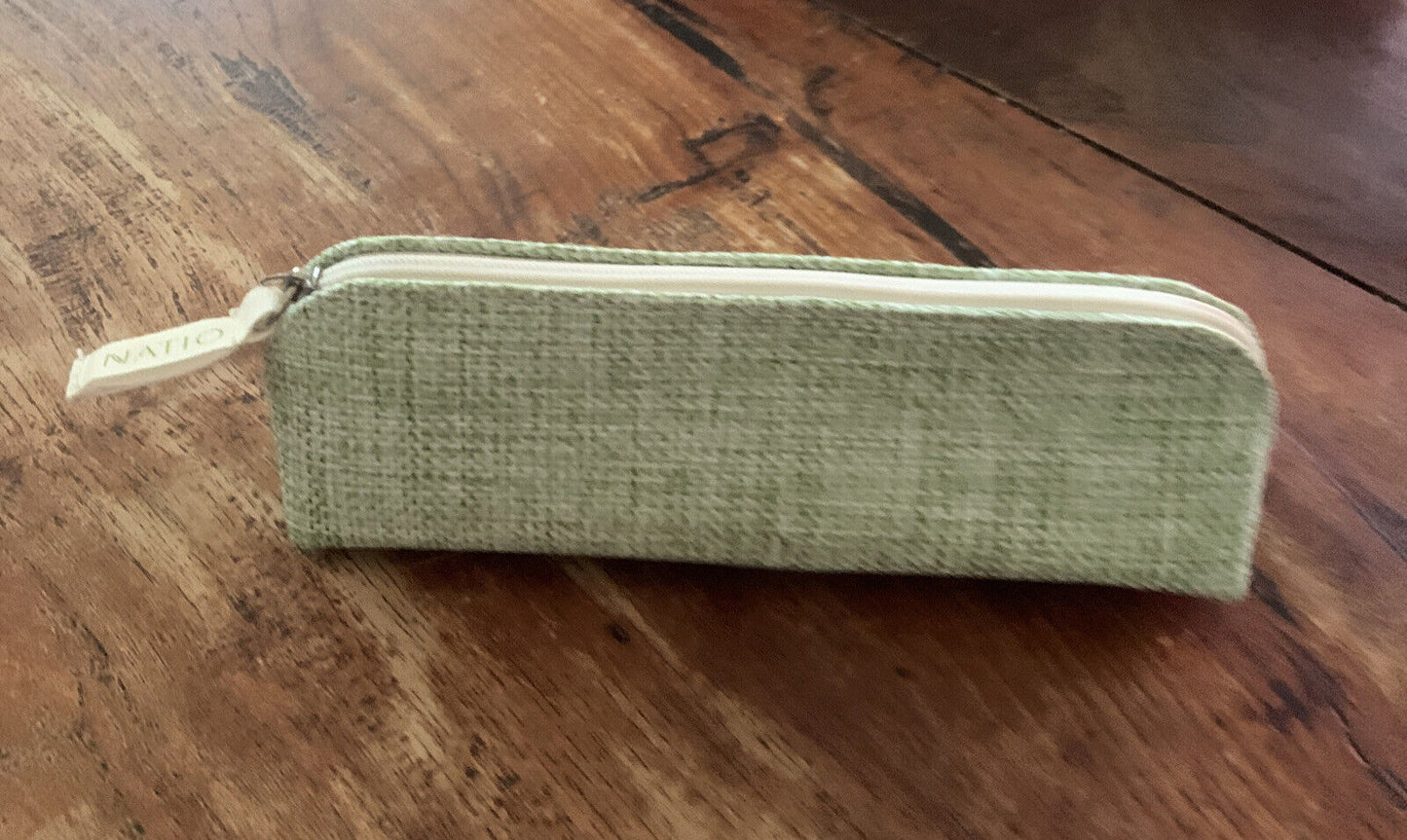 NATIO Green Canvas Pencil Pouch Case Makeup Bag Travel Handbag Zip Flat Base NEW